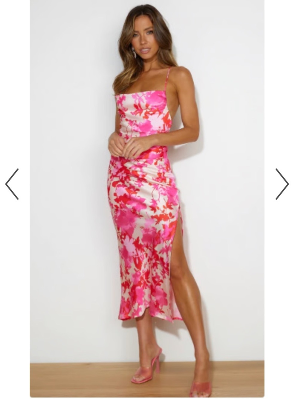 HELLO MOLLY ON THE STREET SATIN MIDI FLORAL DRESS PINK
